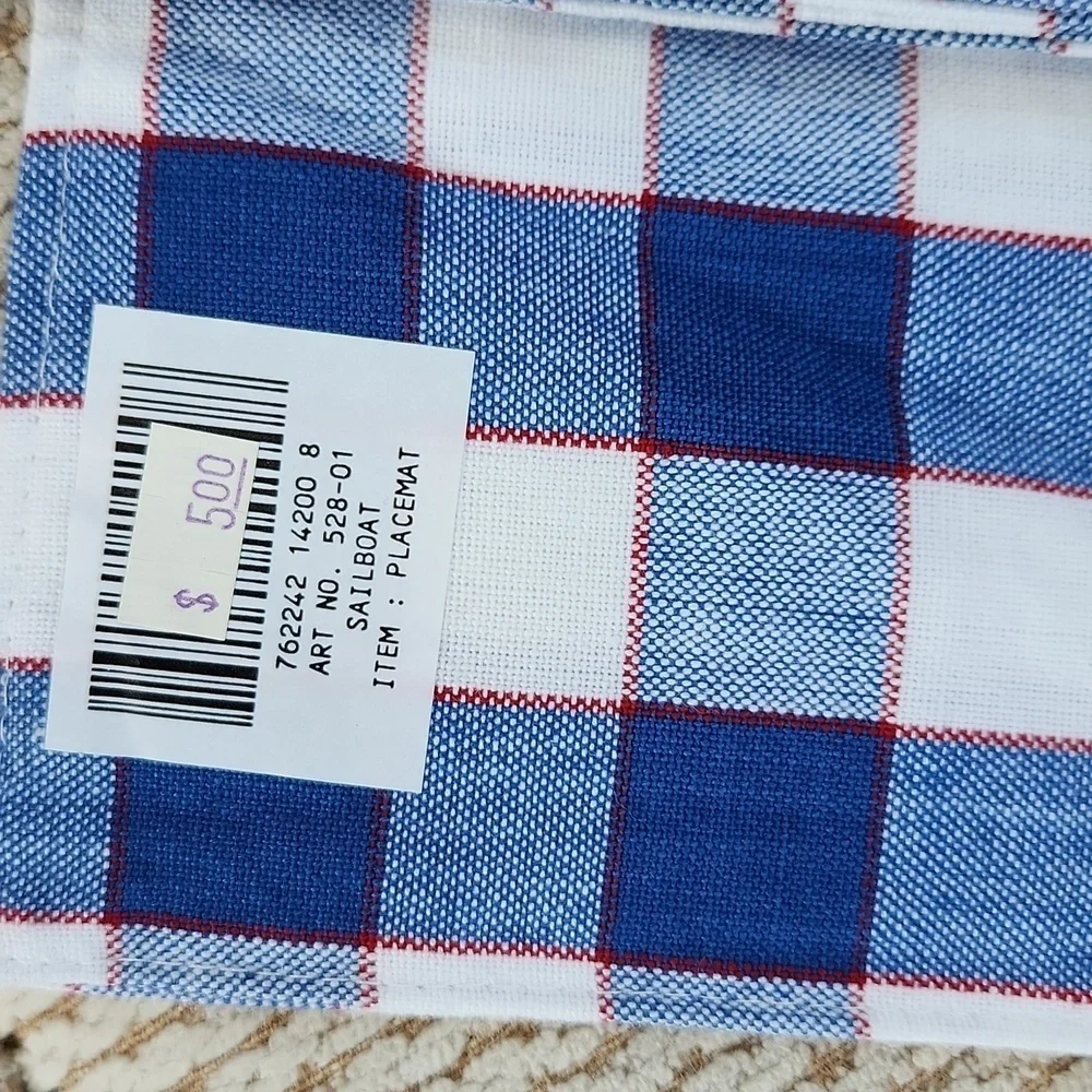 Blue and White Checkered Placemats with Sailboat Design, 5 All New 19 X 13